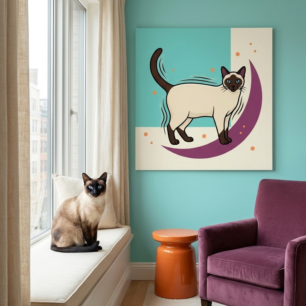 POP Shock Canvas room mockup; custom cat portrait canvas from photo in the POP Shock style; pointed cat; proof before print.