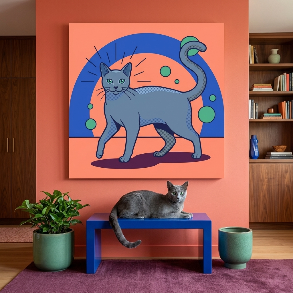 POP Shock Canvas room mockup; custom cat portrait canvas from photo in the POP Shock style; gray cat; proof before print.