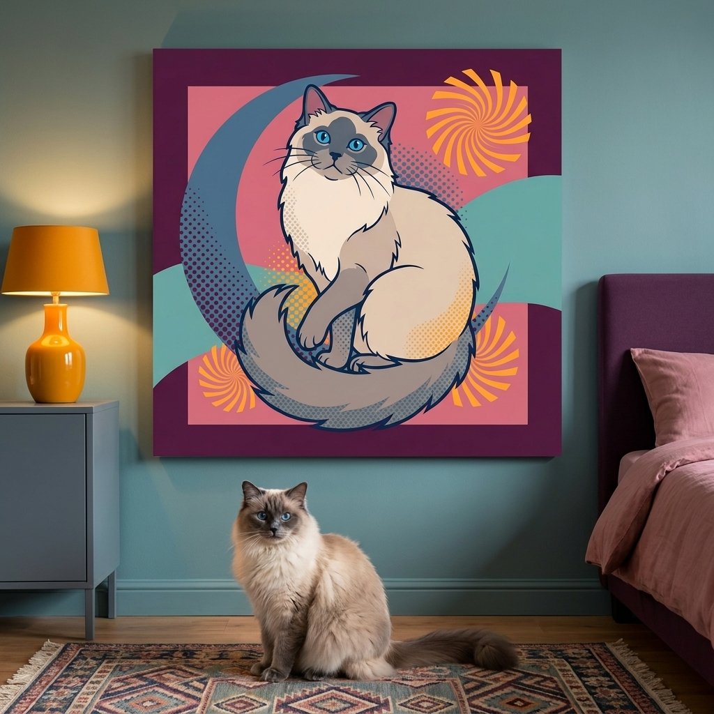 POP Shock Canvas room mockup; custom cat portrait canvas from photo in the POP Shock style; longhair cat; proof before print.