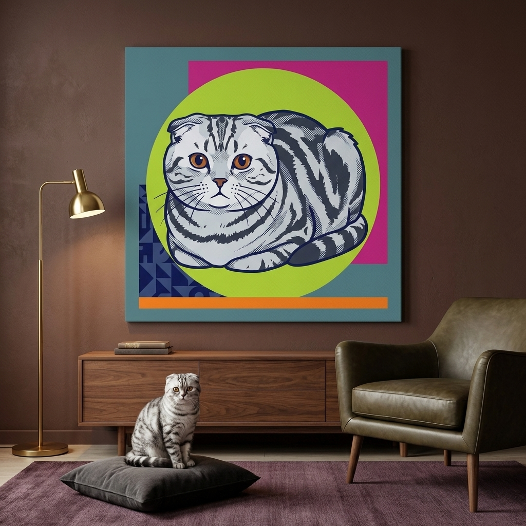 POP Shock Canvas room mockup; custom cat portrait canvas from photo in the POP Shock style; gray cat; proof before print.