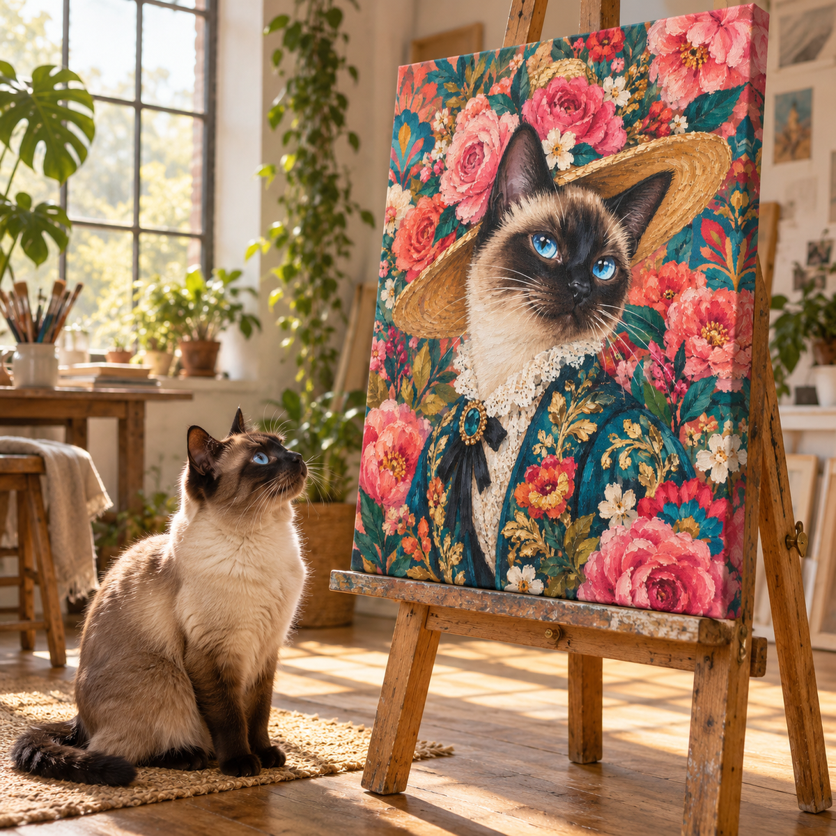 Siamese cat beside its pop art style canvas portrait
