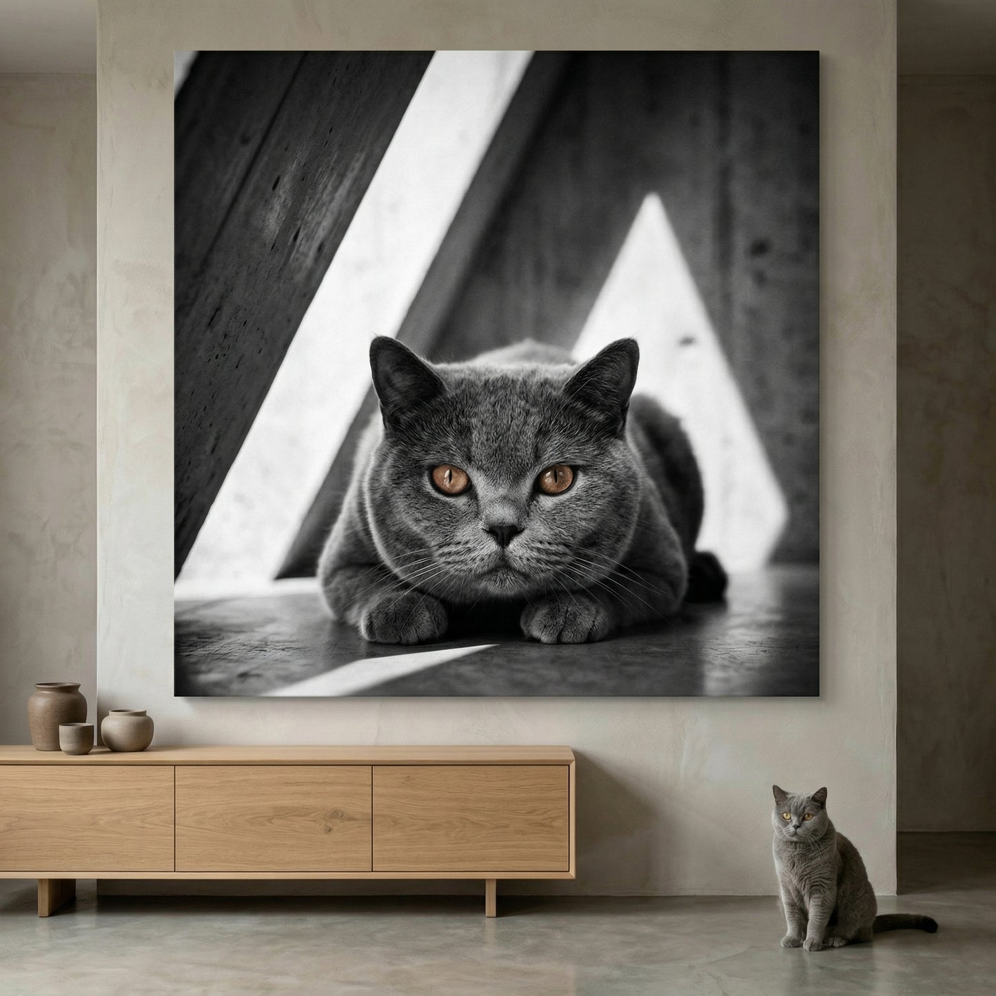 Concrete Stillness Canvas room mockup; custom cat portrait canvas from photo in the Concrete Stillness style; gray cat; proof before print.