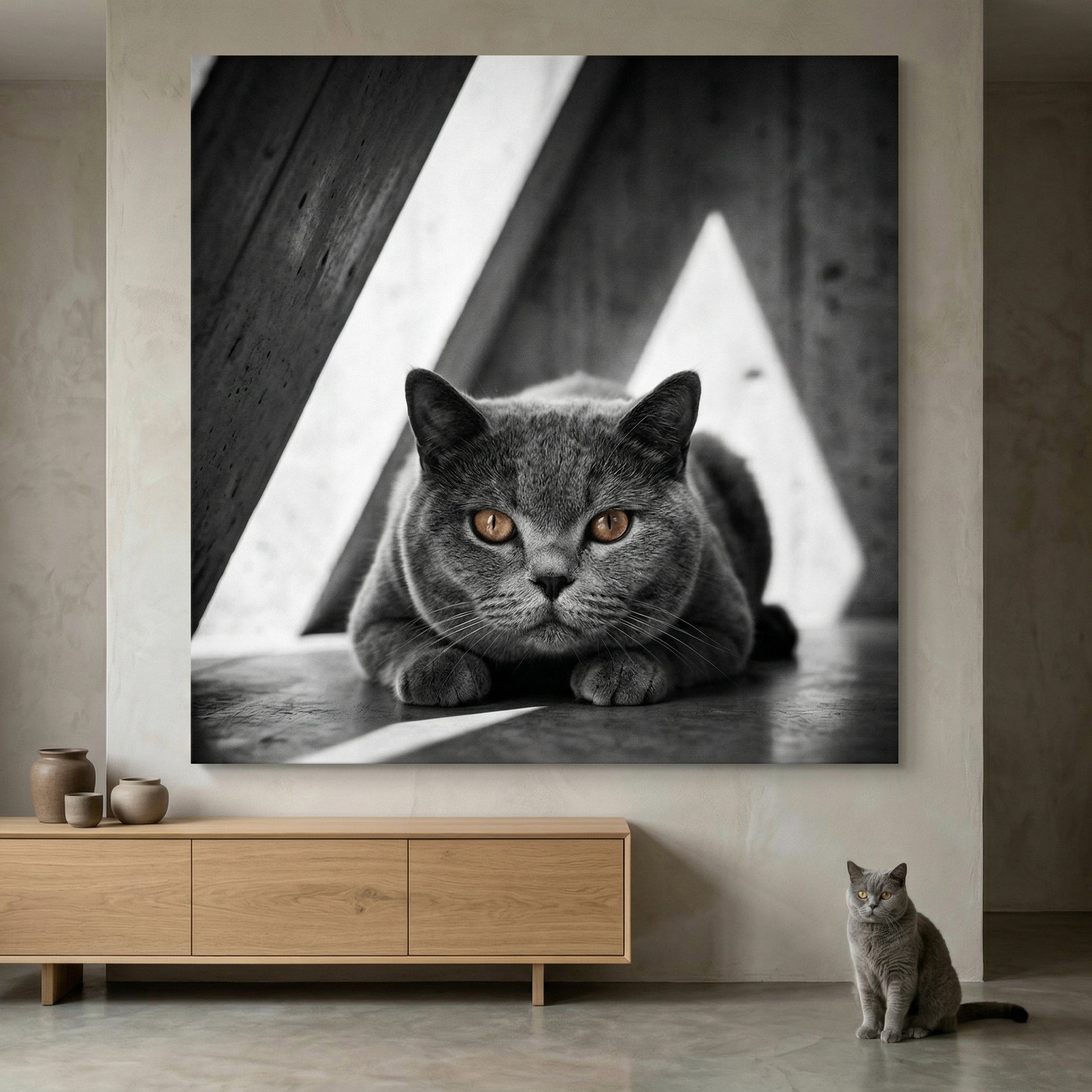 Concrete Stillness Canvas room mockup; custom cat portrait canvas from photo in the Concrete Stillness style; gray cat; proof before print.