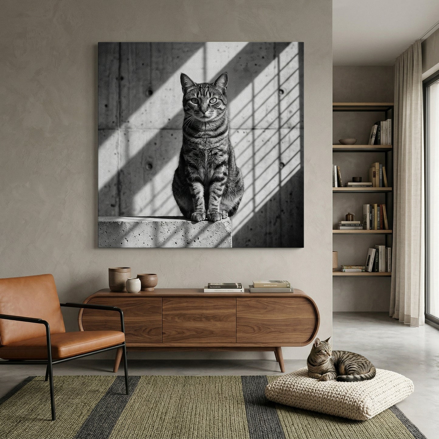 Concrete Stillness Canvas room mockup; custom cat portrait canvas from photo in the Concrete Stillness style; tabby cat; proof before print.