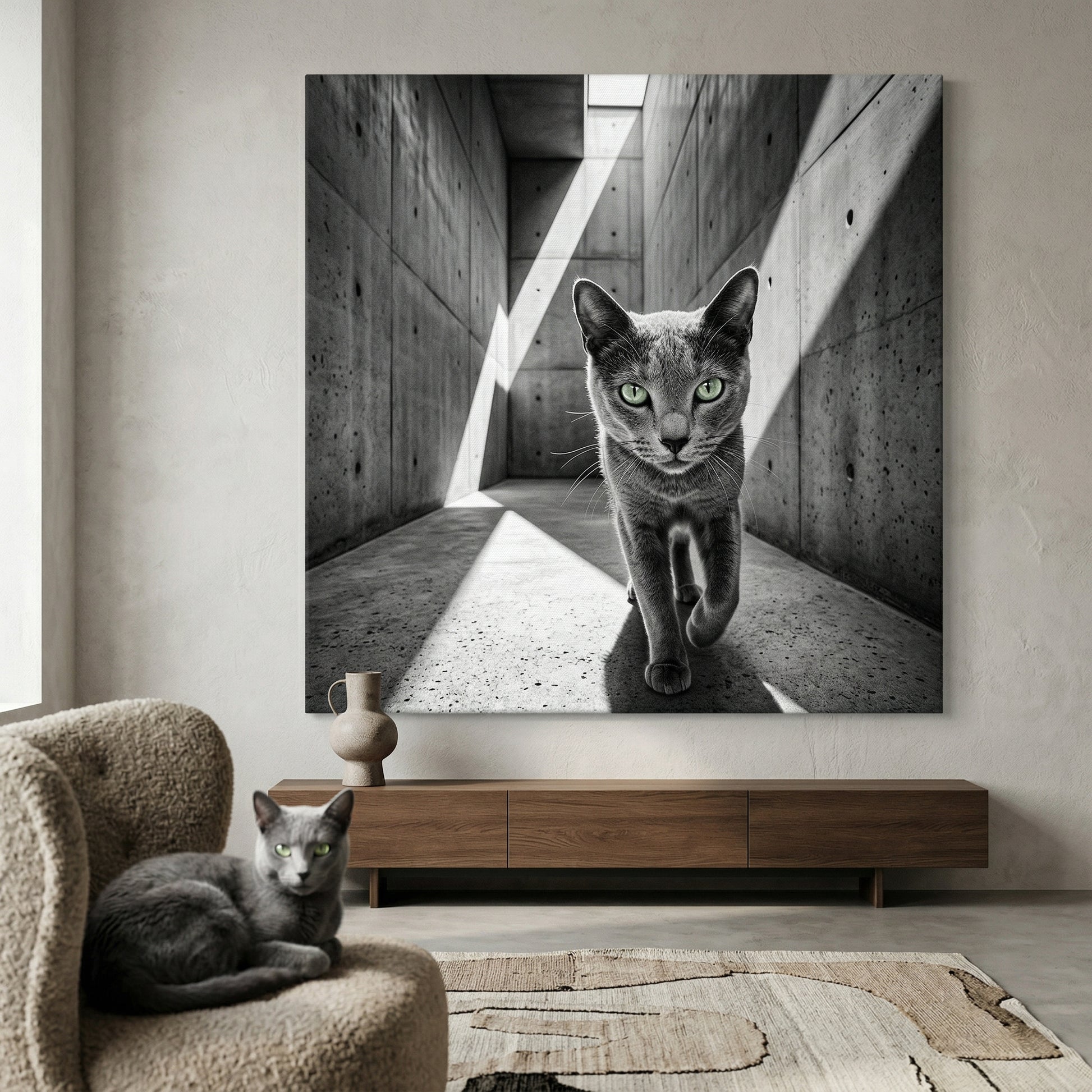 Concrete Stillness Canvas room mockup; custom cat portrait canvas from photo in the Concrete Stillness style; gray cat; proof before print.