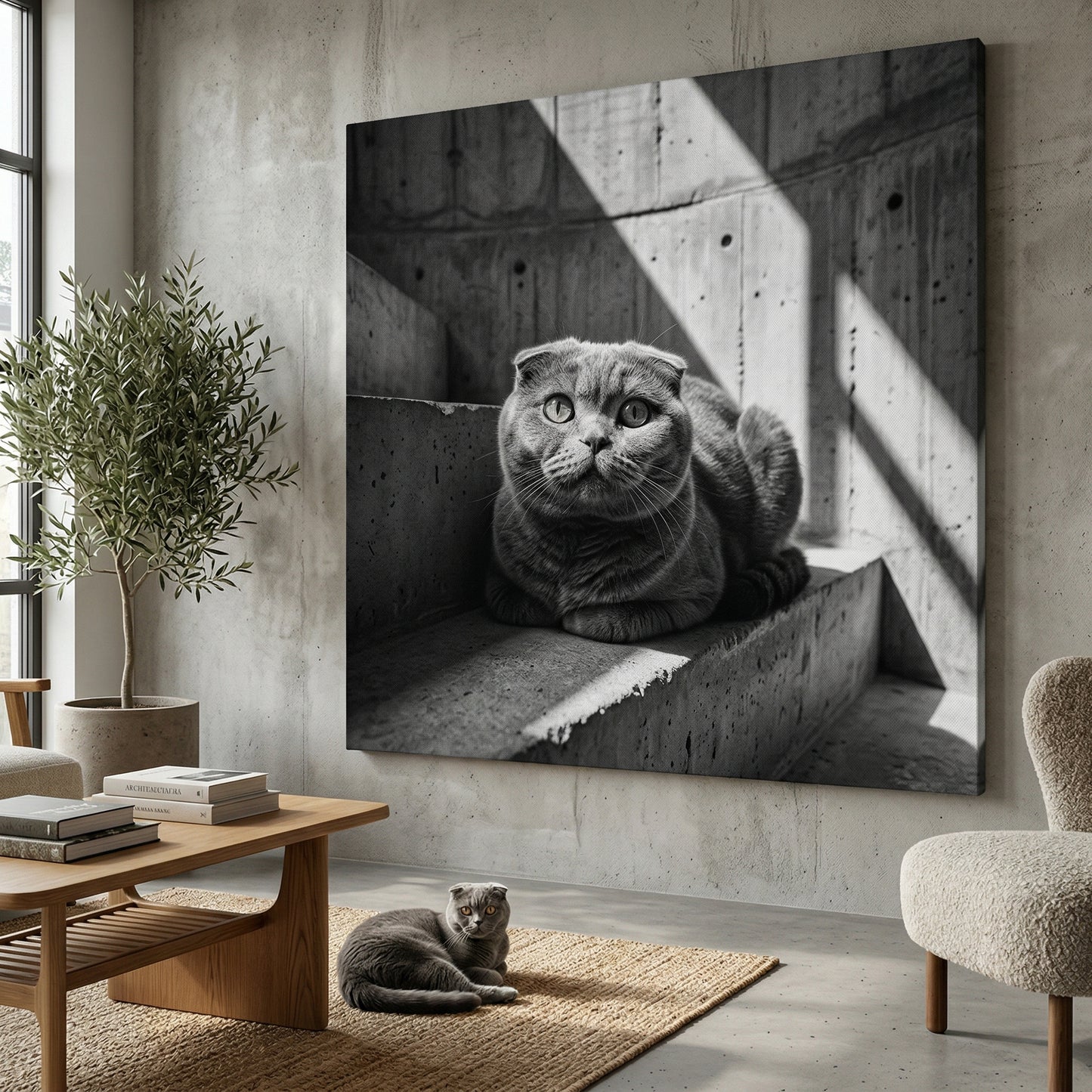Concrete Stillness Canvas room mockup; custom cat portrait canvas from photo in the Concrete Stillness style; gray cat; proof before print.