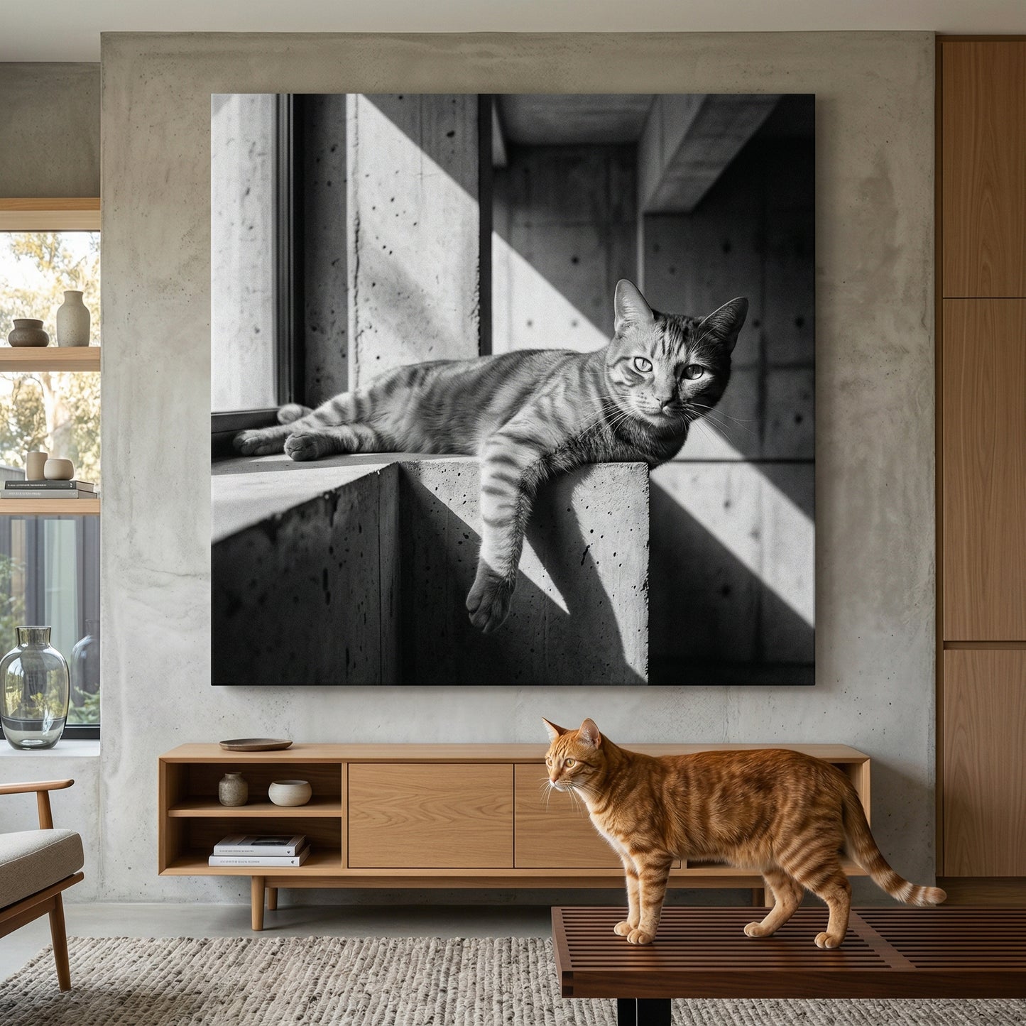 Concrete Stillness Canvas room mockup; custom cat portrait canvas from photo in the Concrete Stillness style; orange tabby cat; proof before print.