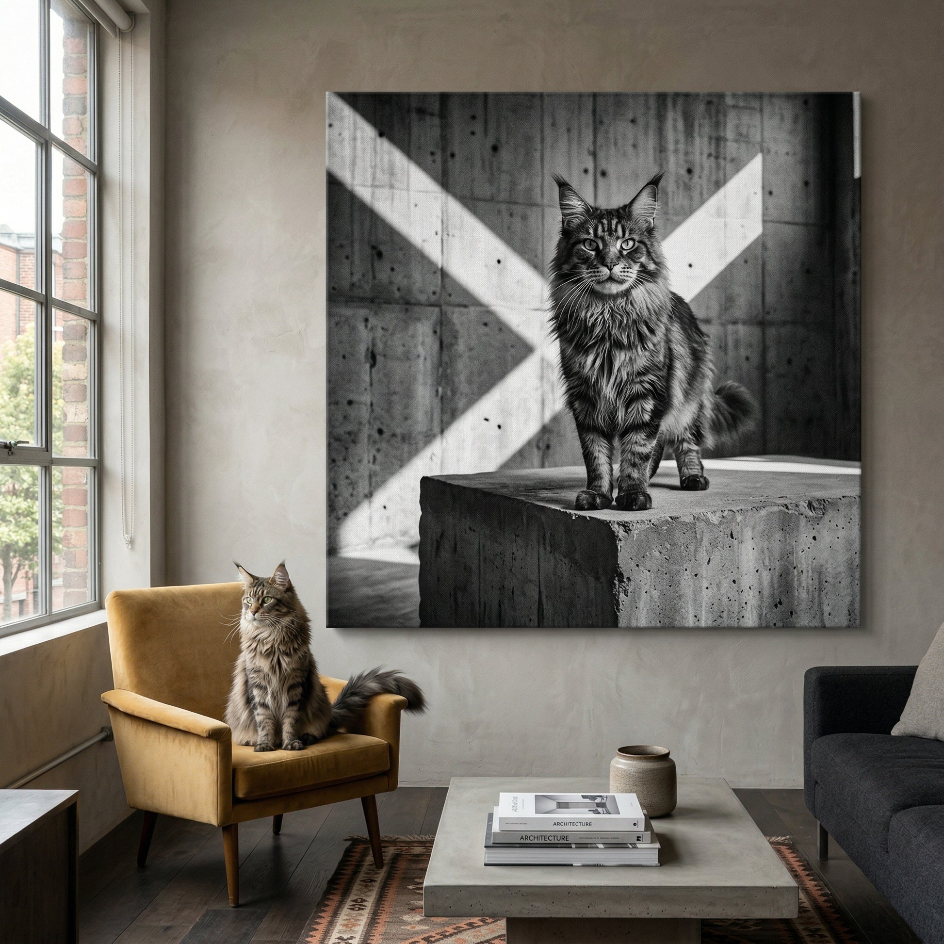 Concrete Stillness Canvas room mockup; custom cat portrait canvas from photo in the Concrete Stillness style; longhair cat; proof before print.