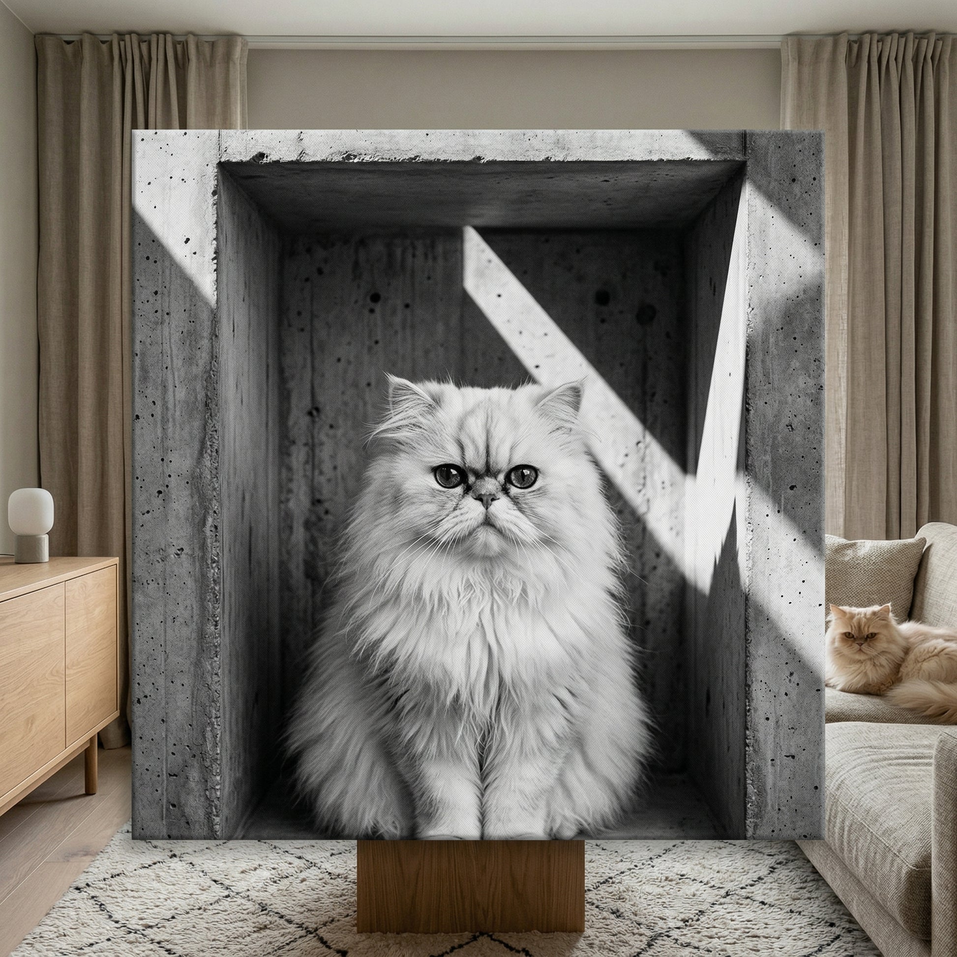 Concrete Stillness Canvas room mockup; custom cat portrait canvas from photo in the Concrete Stillness style; longhair cat; proof before print.