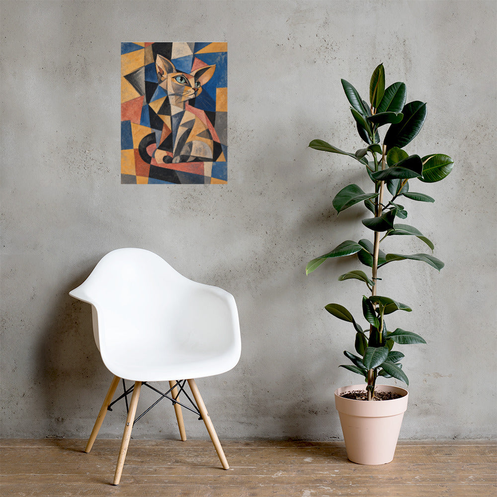 Custom cat portrait framed poster on a brick wall, Cubism style
