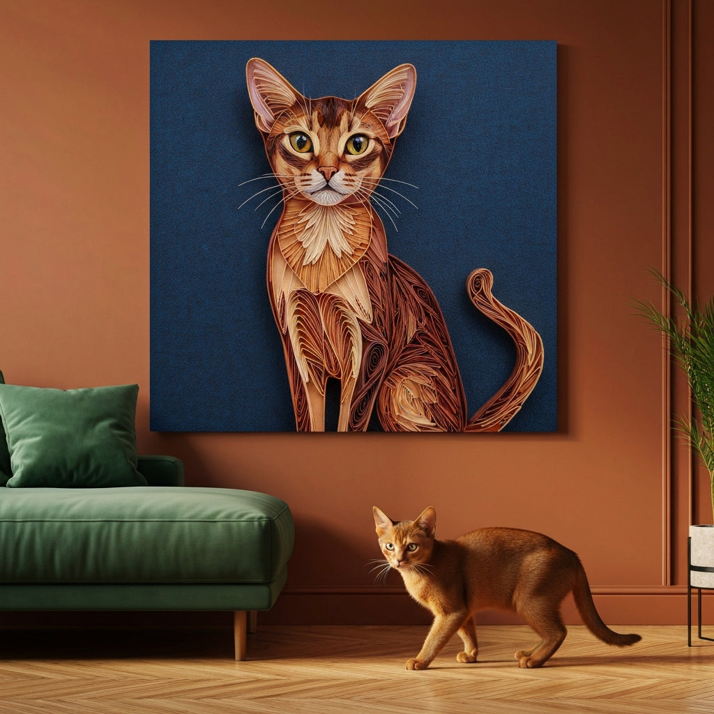 Paper Quilling Canvas room mockup; custom cat portrait canvas from photo in the Paper Quilling style; warm-toned cat; proof before print.