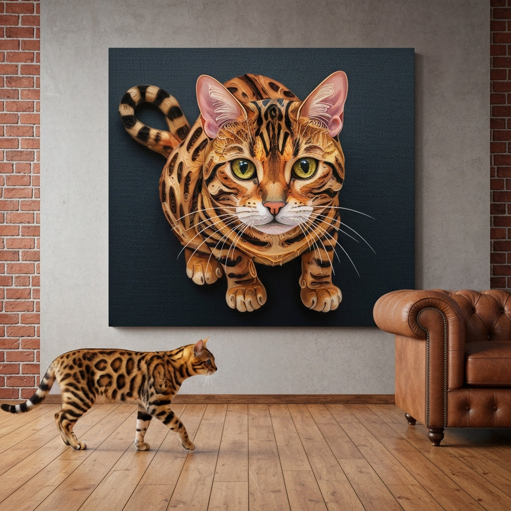 Paper Quilling Canvas room mockup; custom cat portrait canvas from photo in the Paper Quilling style; spotted tabby-like cat; proof before print.