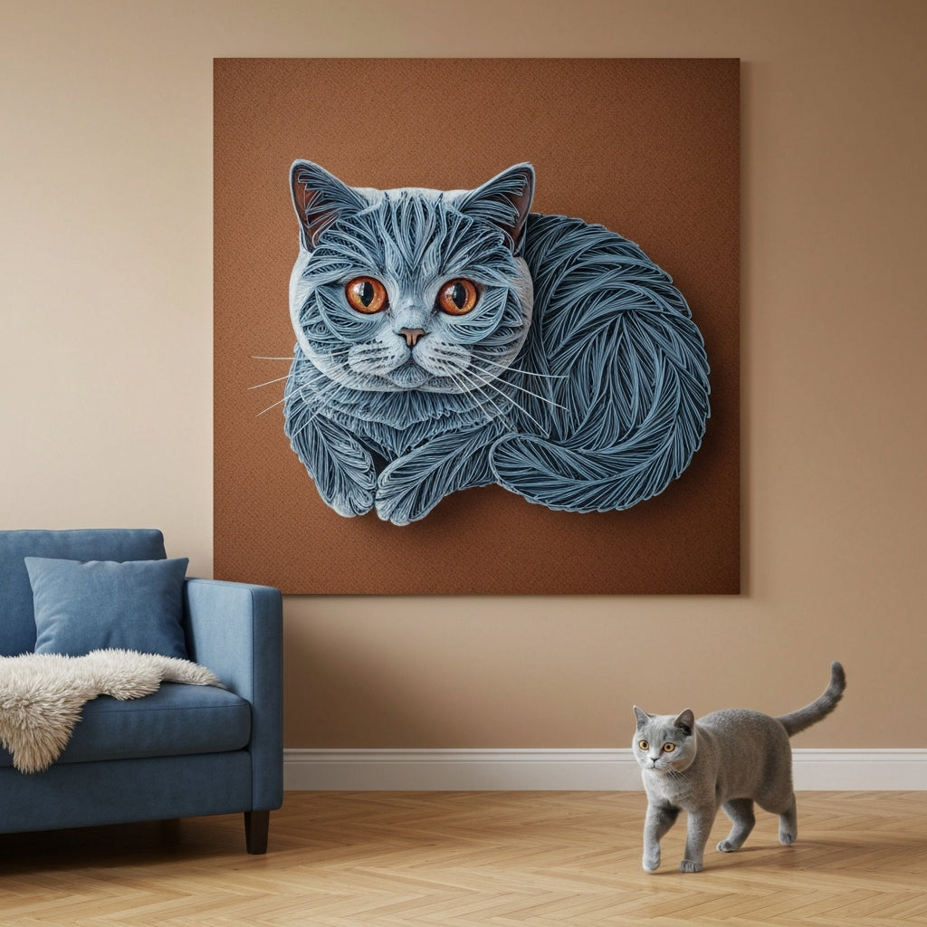 Paper Quilling Canvas room mockup; custom cat portrait canvas from photo in the Paper Quilling style; gray cat; proof before print.