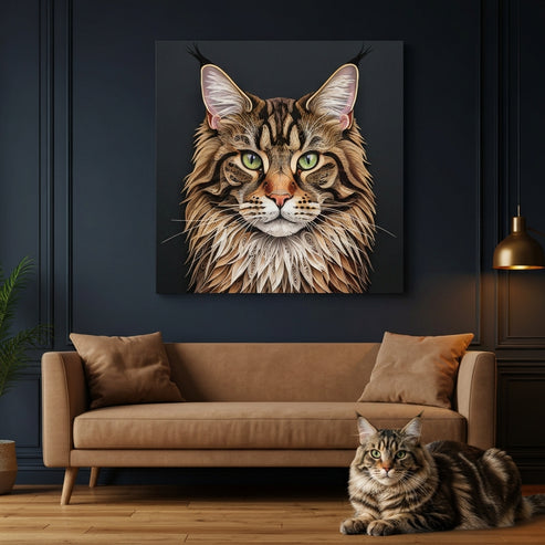 Paper Quilling Canvas room mockup; custom cat portrait canvas from photo in the Paper Quilling style; longhair cat; proof before print.