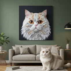 Paper Quilling Canvas room mockup; custom cat portrait canvas from photo in the Paper Quilling style; longhair cat; proof before print.