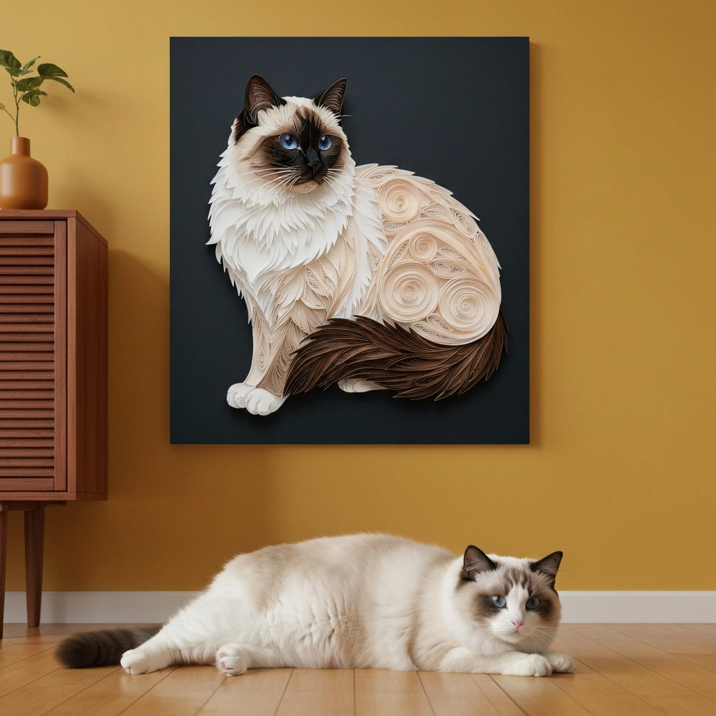 Paper Quilling Canvas room mockup; custom cat portrait canvas from photo in the Paper Quilling style; longhair cat; proof before print.