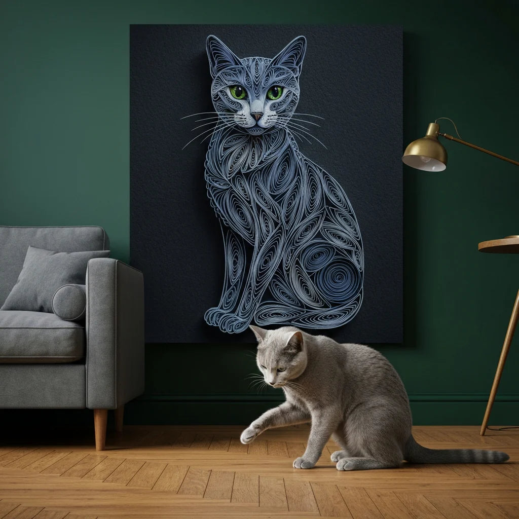 Paper Quilling Canvas room mockup; custom cat portrait canvas from photo in the Paper Quilling style; gray cat; proof before print.