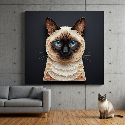 Paper Quilling Canvas room mockup; custom cat portrait canvas from photo in the Paper Quilling style; pointed cat; proof before print.