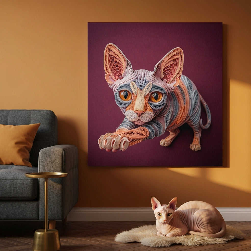 Paper Quilling Canvas room mockup; custom cat portrait canvas from photo in the Paper Quilling style; hairless cat; proof before print.