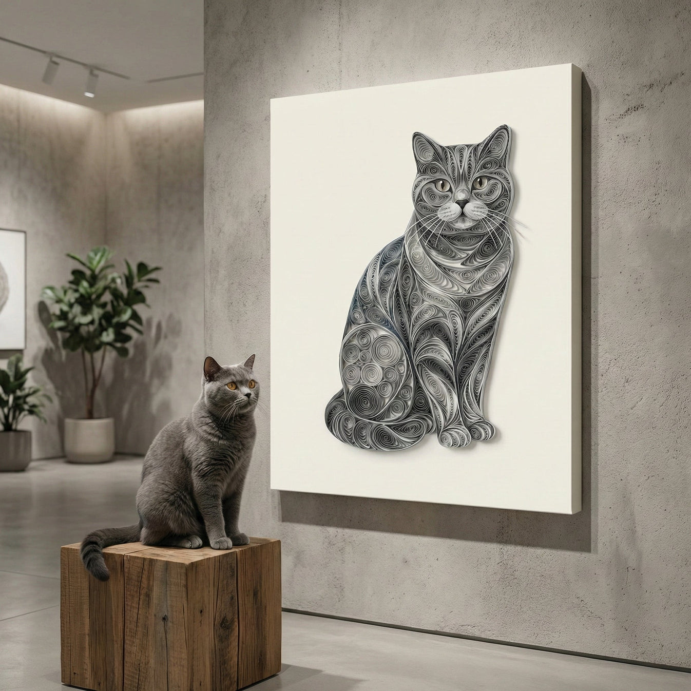 Paper Quilling Canvas room mockup; custom cat portrait canvas from photo in the Paper Quilling style; tabby cat; proof before print.