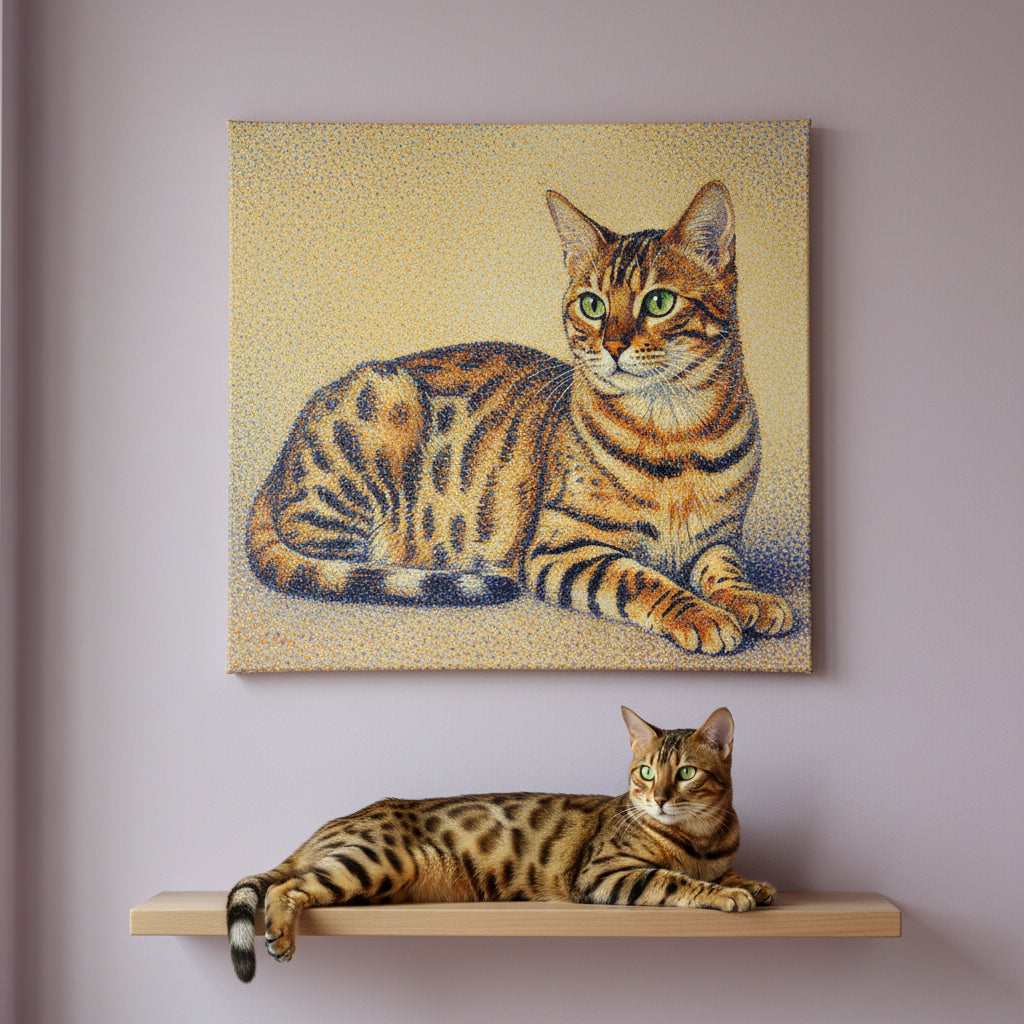 Pointillist Canvas room mockup; custom cat portrait canvas from photo in the Pointillist style; spotted tabby-like cat; proof before print.