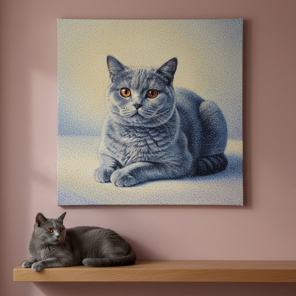Pointillist Canvas room mockup; custom cat portrait canvas from photo in the Pointillist style; gray cat; proof before print.