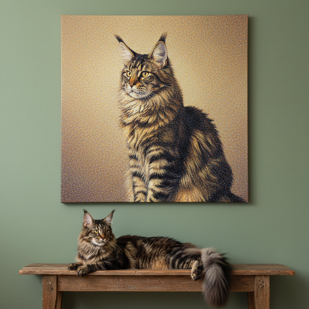 Pointillist Canvas room mockup; custom cat portrait canvas from photo in the Pointillist style; longhair cat; proof before print.