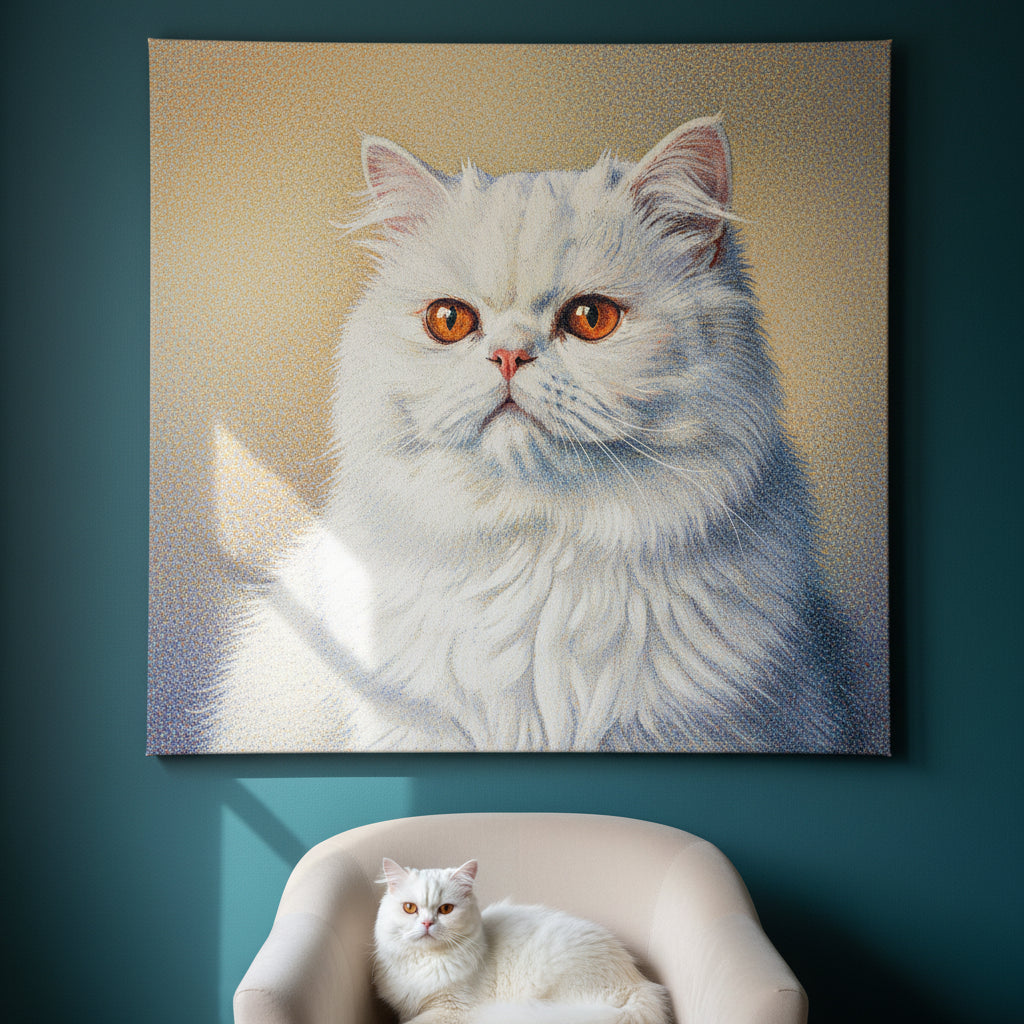 Pointillist Canvas room mockup; custom cat portrait canvas from photo in the Pointillist style; longhair cat; proof before print.