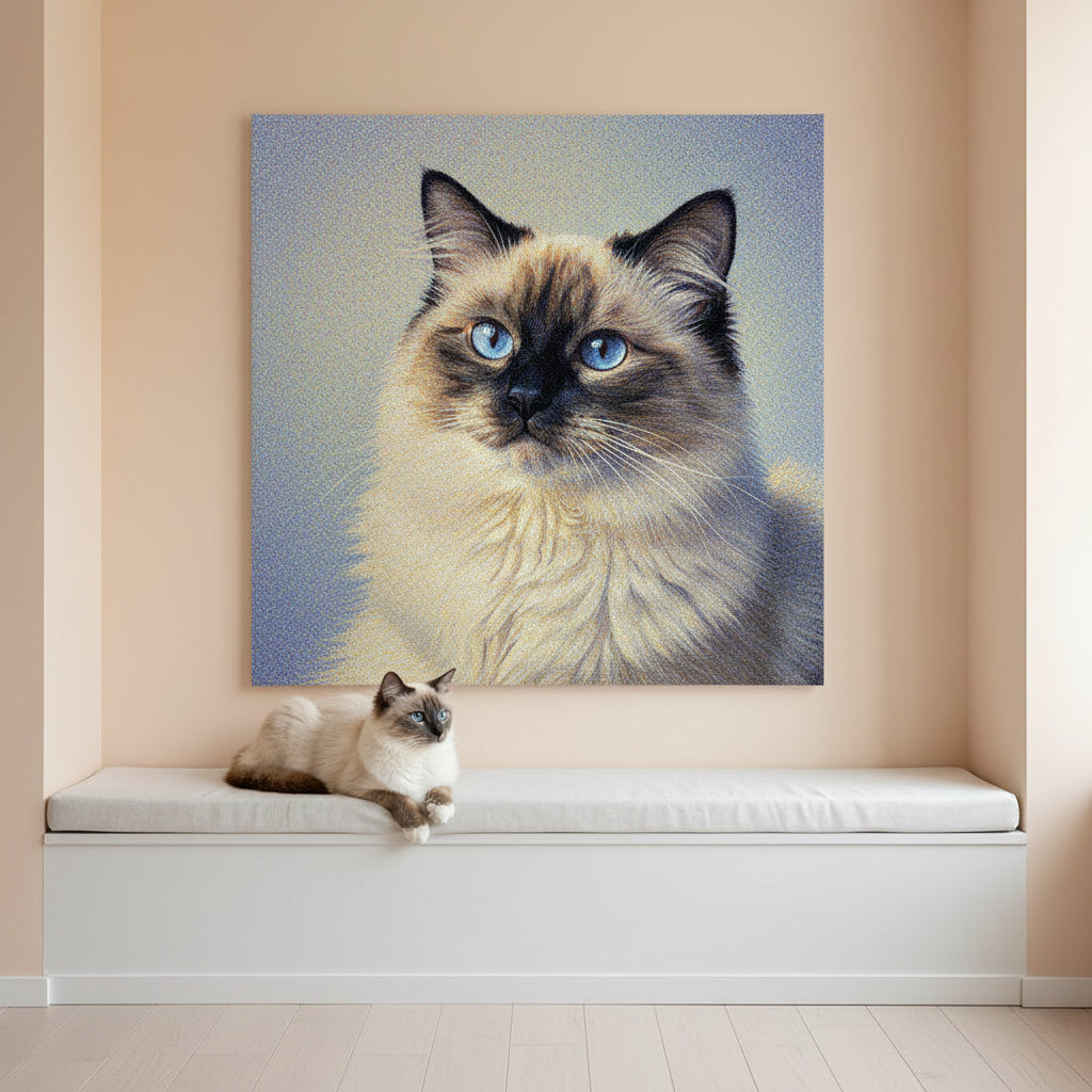 Pointillist Canvas room mockup; custom cat portrait canvas from photo in the Pointillist style; longhair cat; proof before print.