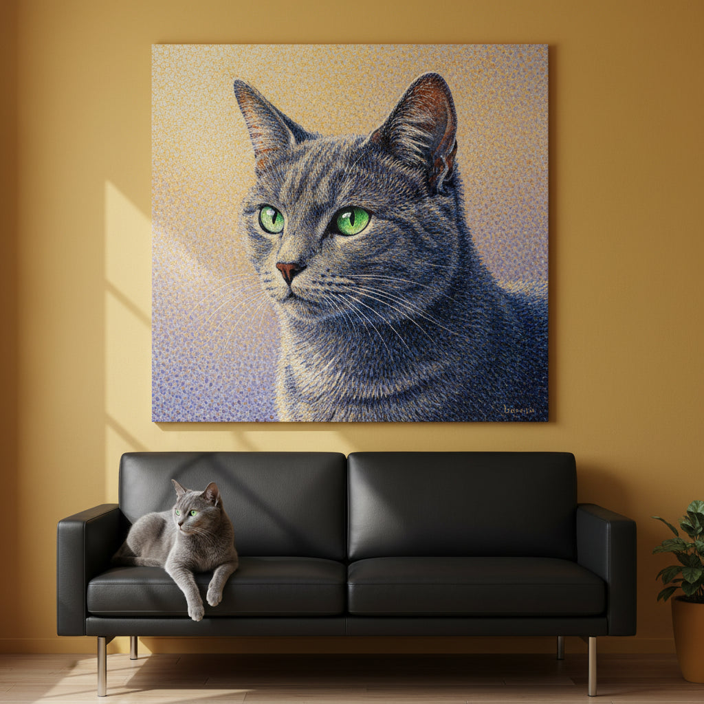 Pointillist Canvas room mockup; custom cat portrait canvas from photo in the Pointillist style; gray cat; proof before print.
