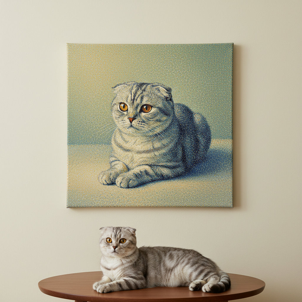 Pointillist Canvas room mockup; custom cat portrait canvas from photo in the Pointillist style; gray cat; proof before print.