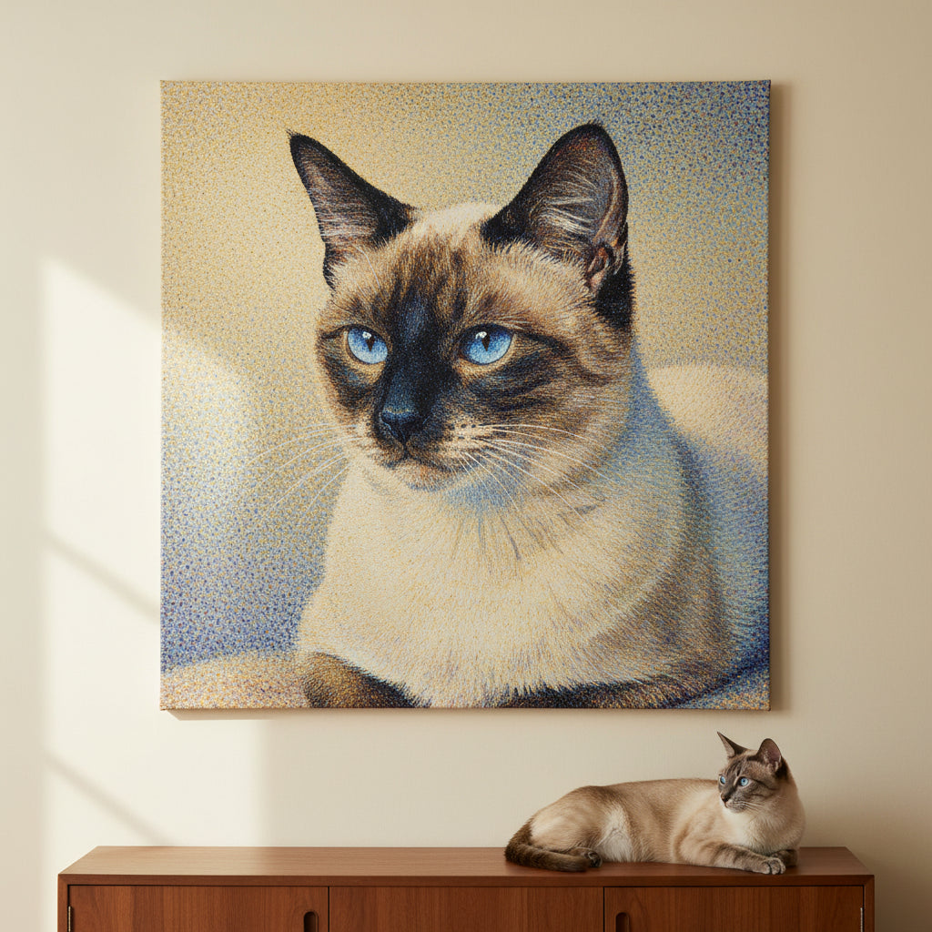 Pointillist Canvas room mockup; custom cat portrait canvas from photo in the Pointillist style; pointed cat; proof before print.