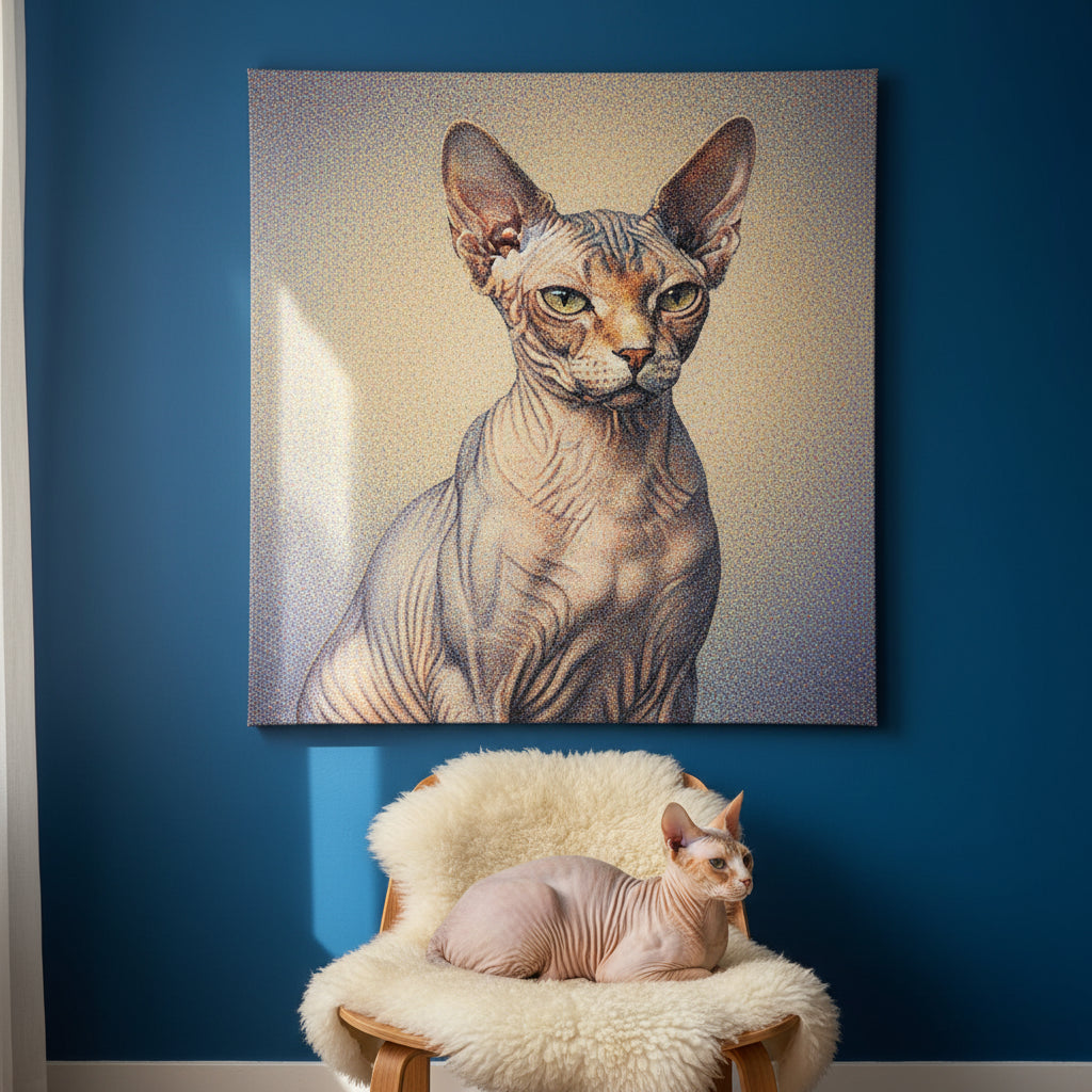 Pointillist Canvas room mockup; custom cat portrait canvas from photo in the Pointillist style; hairless cat; proof before print.