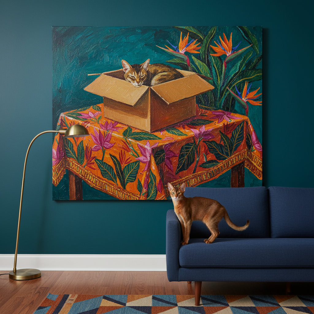 Quiet Rest Box Canvas room mockup; custom cat portrait canvas from photo in the Quiet Rest Box style; warm-toned cat; proof before print.