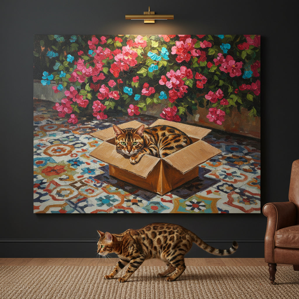 Quiet Rest Box Canvas room mockup; custom cat portrait canvas from photo in the Quiet Rest Box style; spotted tabby-like cat; proof before print.