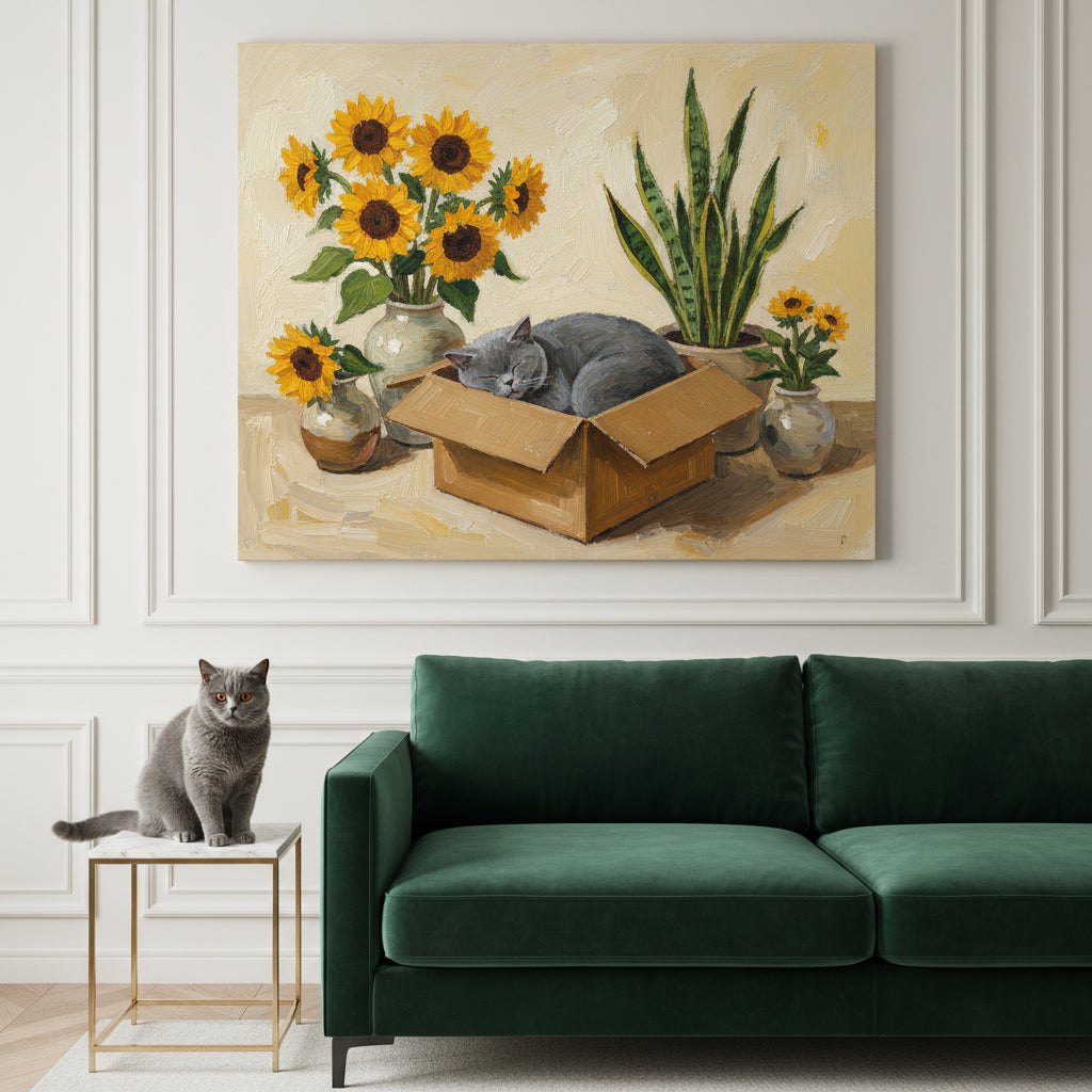 Quiet Rest Box Canvas room mockup; custom cat portrait canvas from photo in the Quiet Rest Box style; gray cat; proof before print.