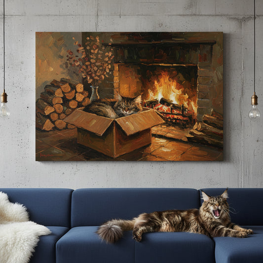 Quiet Rest Box Canvas room mockup; custom cat portrait canvas from photo in the Quiet Rest Box style; longhair cat; proof before print.