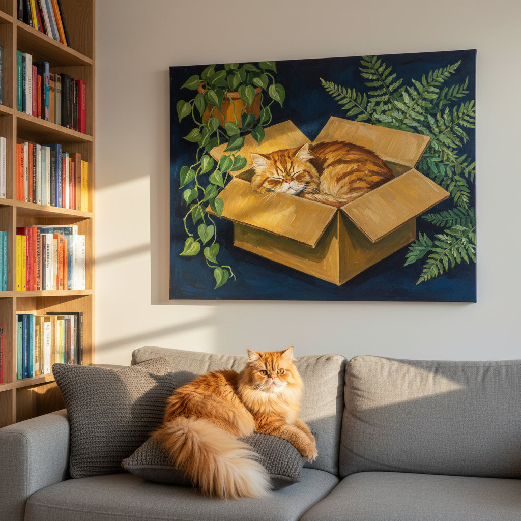 Quiet Rest Box Canvas room mockup; custom cat portrait canvas from photo in the Quiet Rest Box style; longhair cat; proof before print.