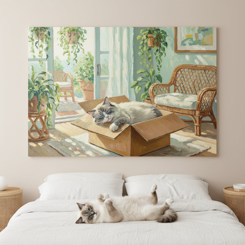 Quiet Rest Box Canvas room mockup; custom cat portrait canvas from photo in the Quiet Rest Box style; longhair cat; proof before print.
