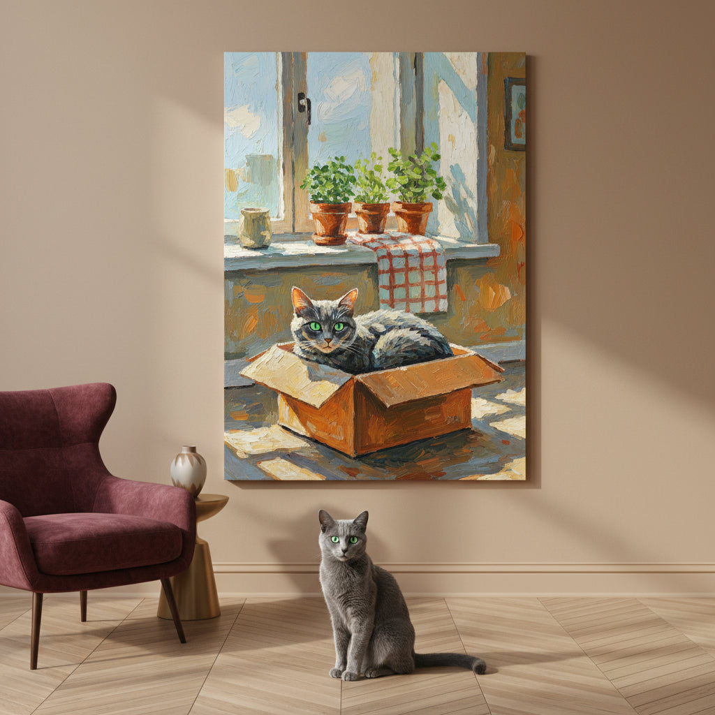 Quiet Rest Box Canvas room mockup; custom cat portrait canvas from photo in the Quiet Rest Box style; gray cat; proof before print.