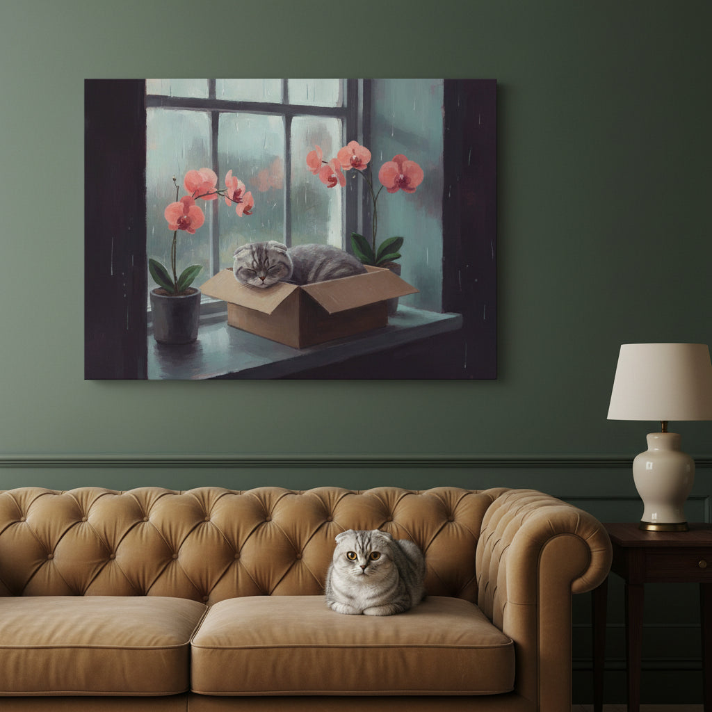 Quiet Rest Box Canvas room mockup; custom cat portrait canvas from photo in the Quiet Rest Box style; gray cat; proof before print.