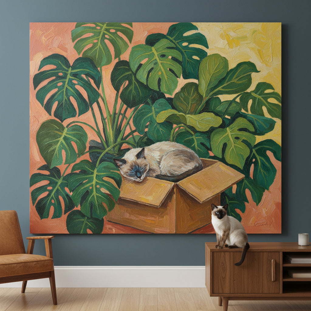 Quiet Rest Box Canvas room mockup; custom cat portrait canvas from photo in the Quiet Rest Box style; pointed cat; proof before print.