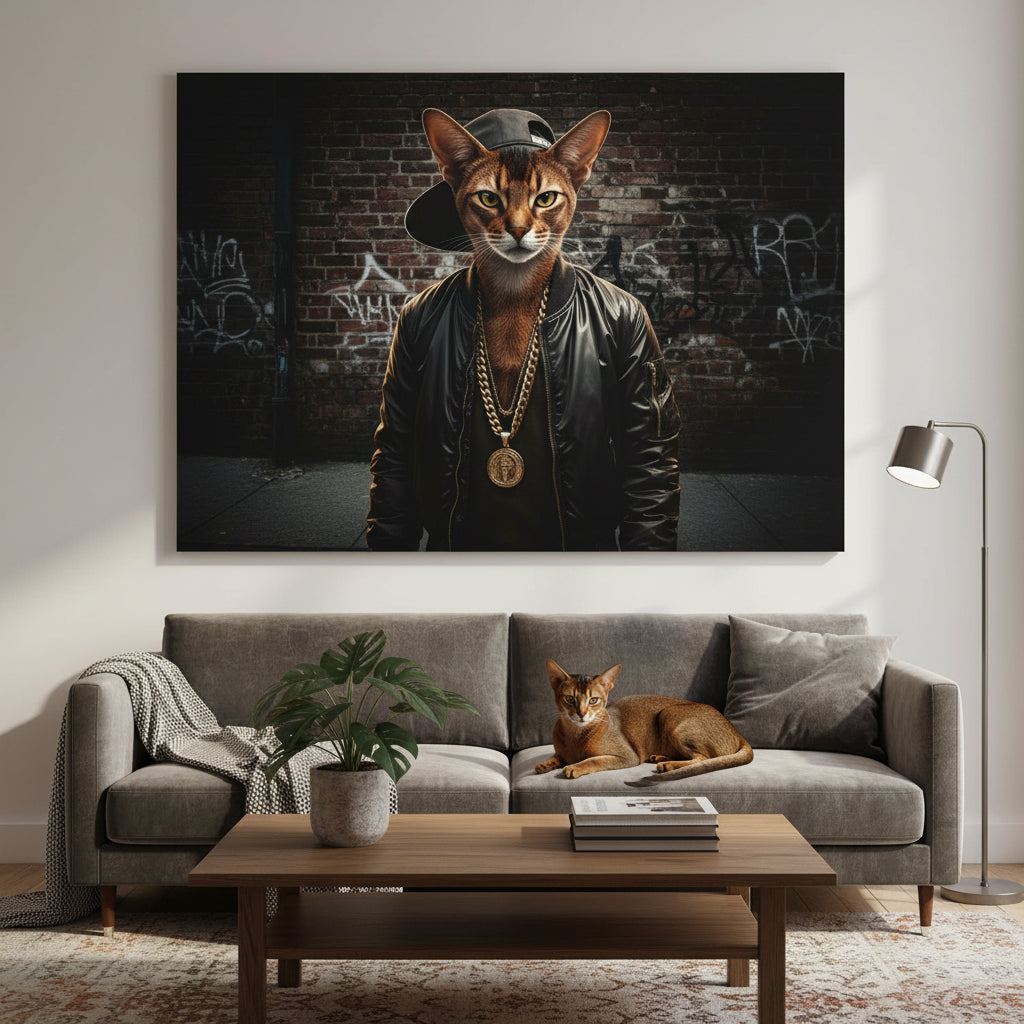 Rapper 95 Canvas room mockup; custom cat portrait canvas from photo in the Rapper 95 style; warm-toned cat; proof before print.