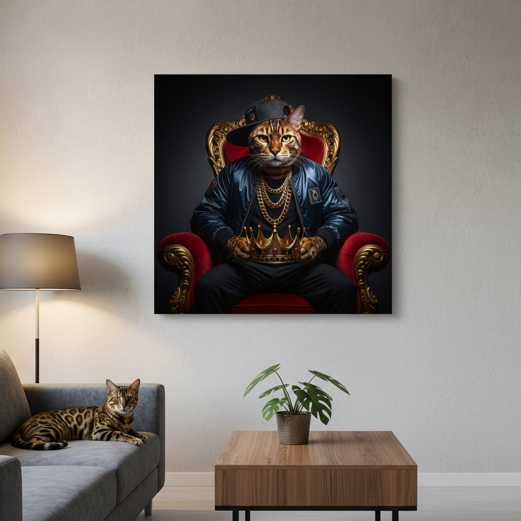 Rapper 95 Canvas room mockup; custom cat portrait canvas from photo in the Rapper 95 style; spotted tabby-like cat; proof before print.
