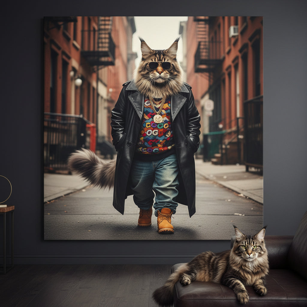 Rapper 95 Canvas room mockup; custom cat portrait canvas from photo in the Rapper 95 style; longhair cat; proof before print.