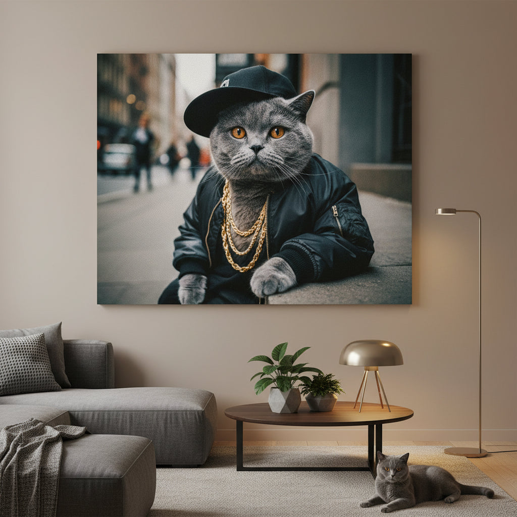 Rapper 95 Canvas room mockup; custom cat portrait canvas from photo in the Rapper 95 style; gray cat; proof before print.