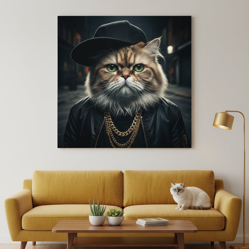 Rapper 95 Canvas room mockup; custom cat portrait canvas from photo in the Rapper 95 style; longhair cat; proof before print.