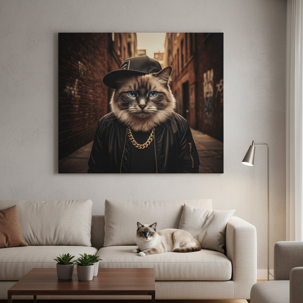 Rapper 95 Canvas room mockup; custom cat portrait canvas from photo in the Rapper 95 style; longhair cat; proof before print.