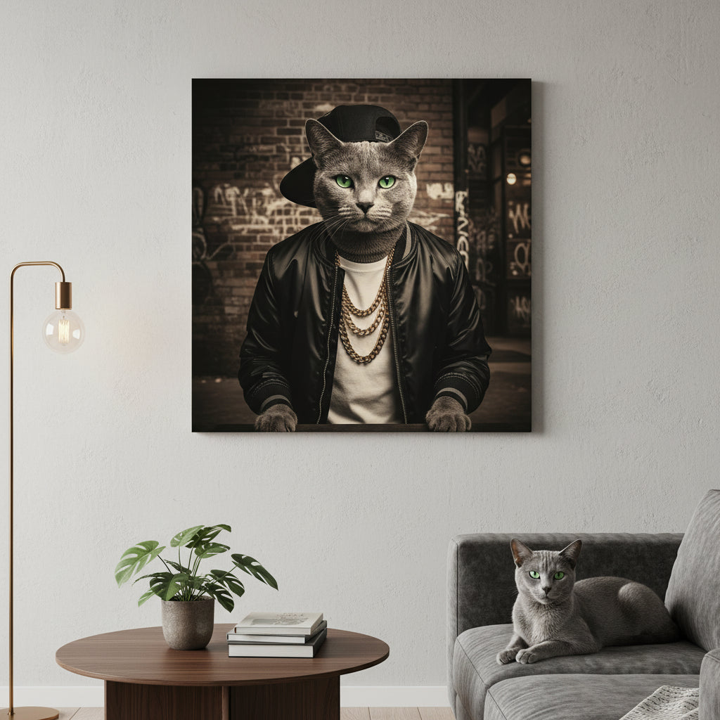 Rapper 95 Canvas room mockup; custom cat portrait canvas from photo in the Rapper 95 style; gray cat; proof before print.