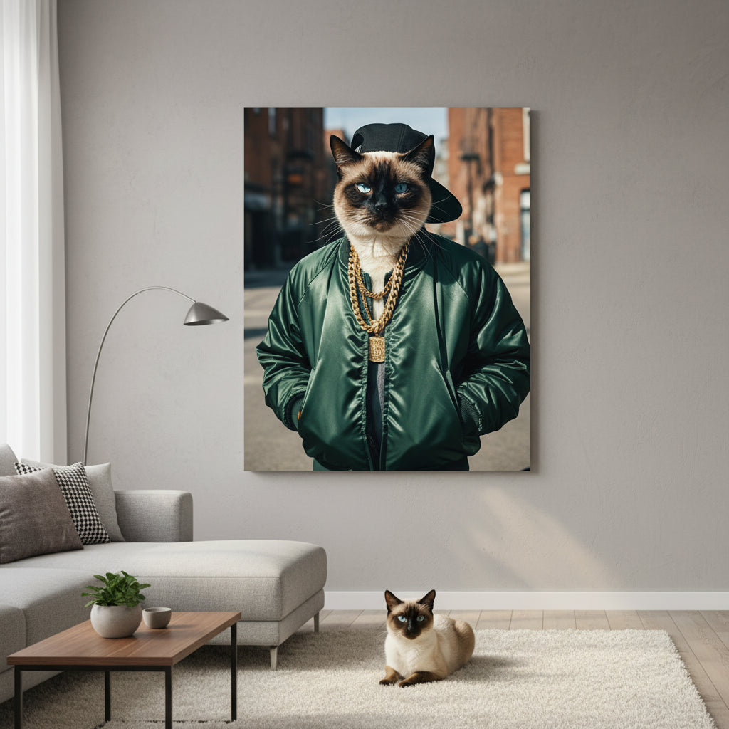 Rapper 95 Canvas room mockup; custom cat portrait canvas from photo in the Rapper 95 style; pointed cat; proof before print.